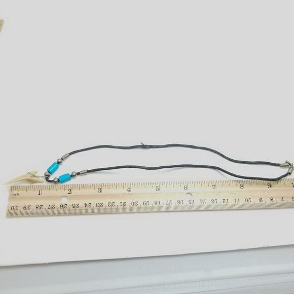 Vintage Tooth Necklace, Wire Wrap Blue Beads and Black Cord, Y2K 90s Style - Picture 3 of 4
